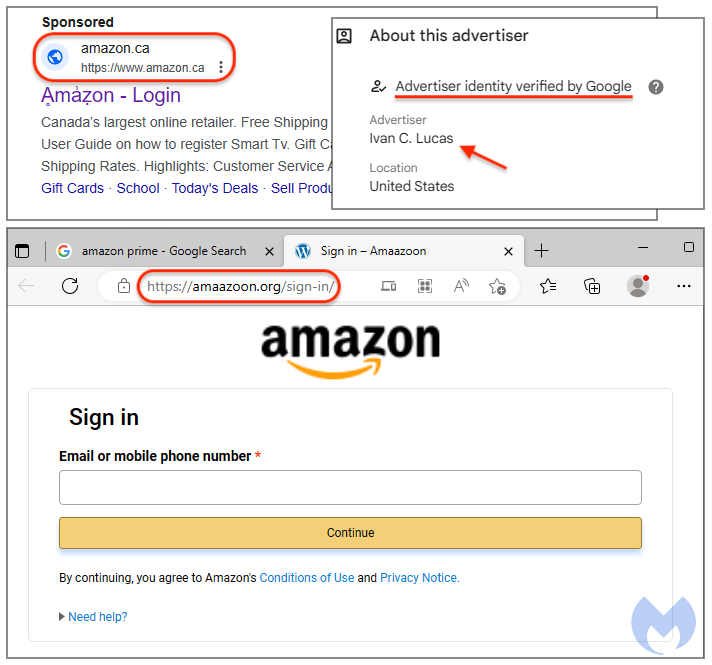 Phising przez stronę Amazonu (Malwarebytes)
