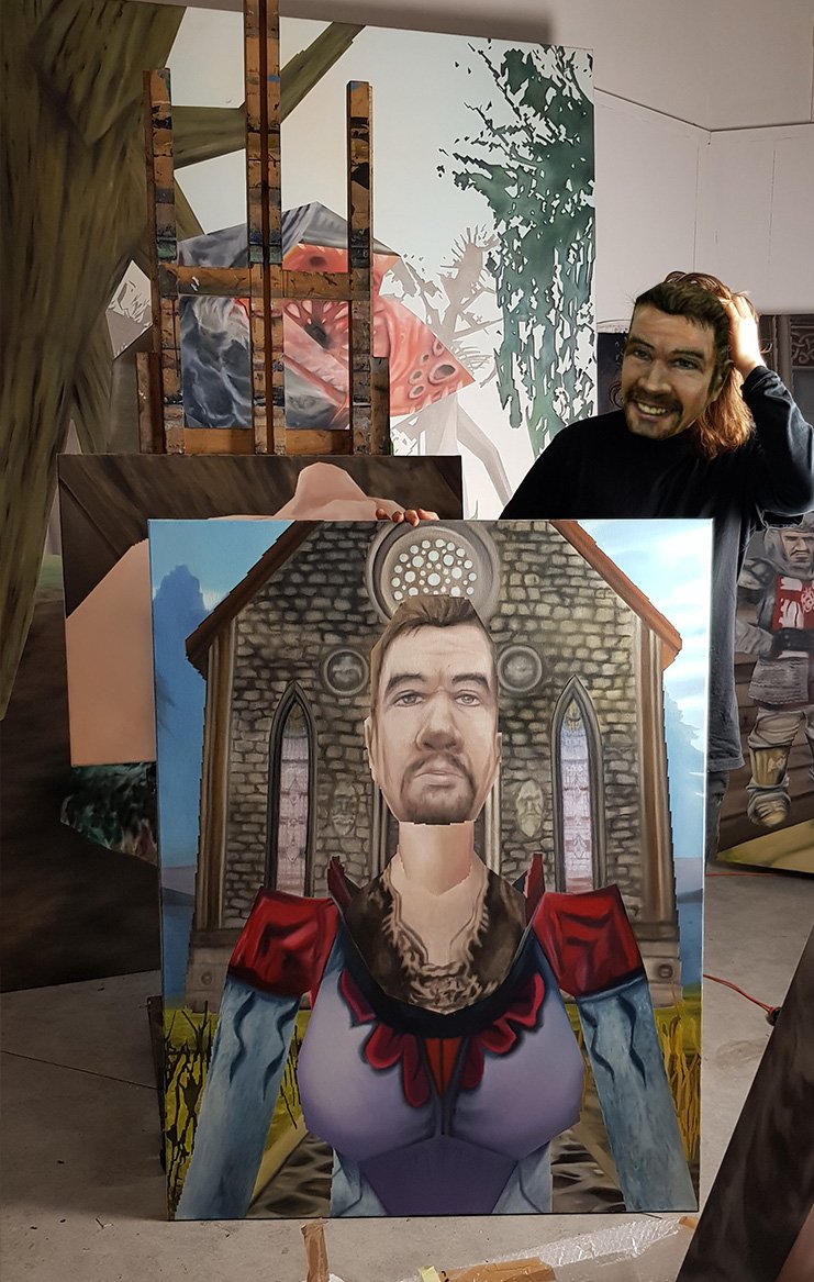 Bezimienny pozuje z obrazem Bezimiennego z gry Gothic.
